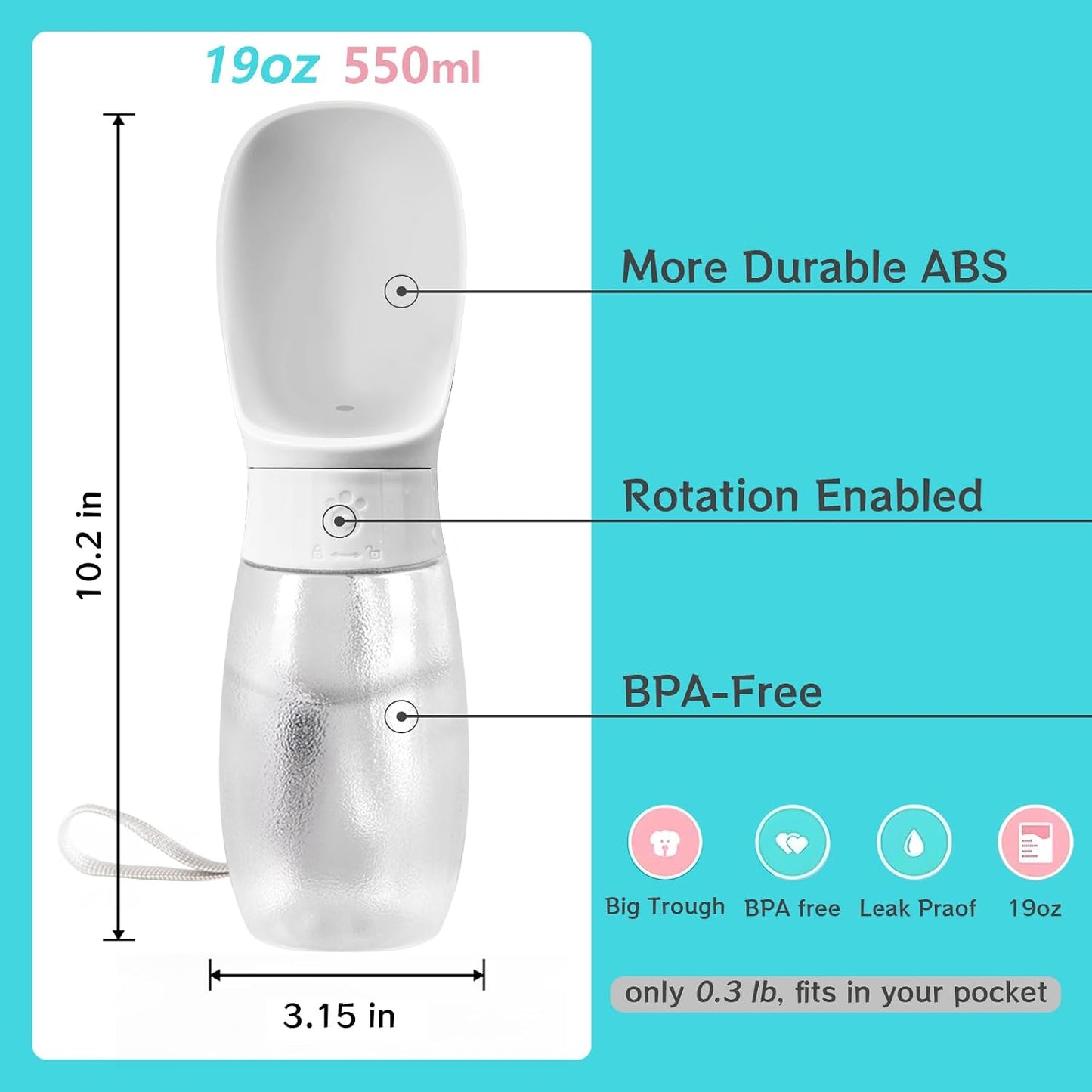 Dog Water Bottle, 19Oz Leak Proof Portable Puppy Water Dispenser with Drinking Feeder for Pets Outdoor Walking, Hiking, Travel, BPA Free Food Grade Plastic