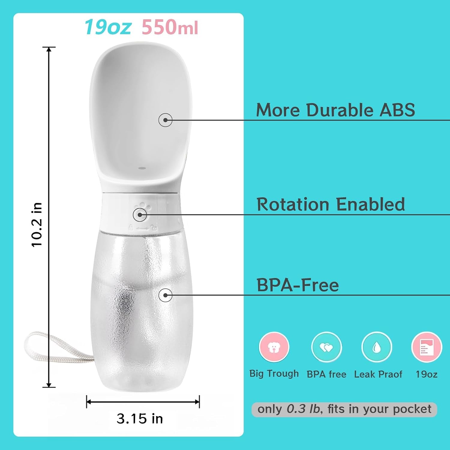 Dog Water Bottle, 19Oz Leak Proof Portable Puppy Water Dispenser with Drinking Feeder for Pets Outdoor Walking, Hiking, Travel, BPA Free Food Grade Plastic